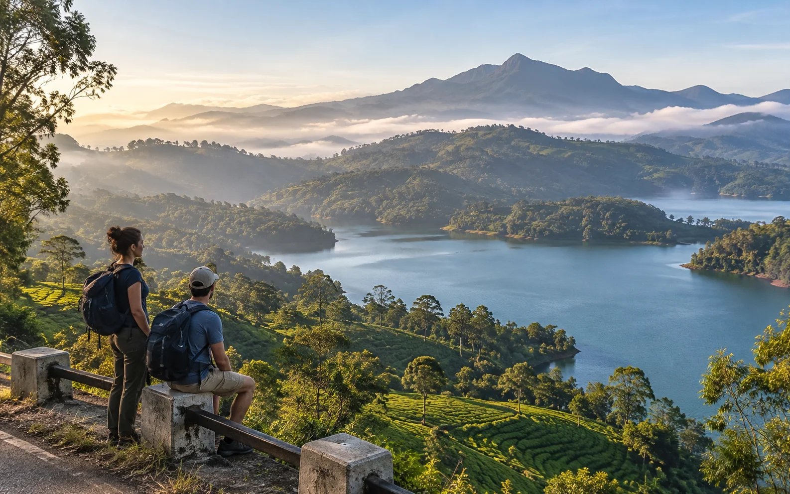 Travellers enjoying panoramic views across Maskeliya Reservoir and the surrounding tea-covered mountains