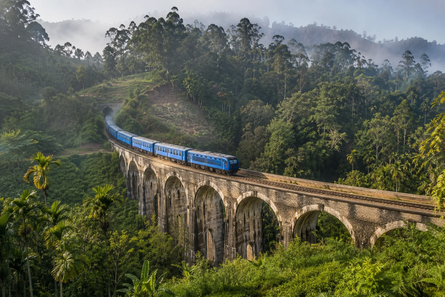 Train crossing the Nine Arches Bridge in Ella, Sri Lanka