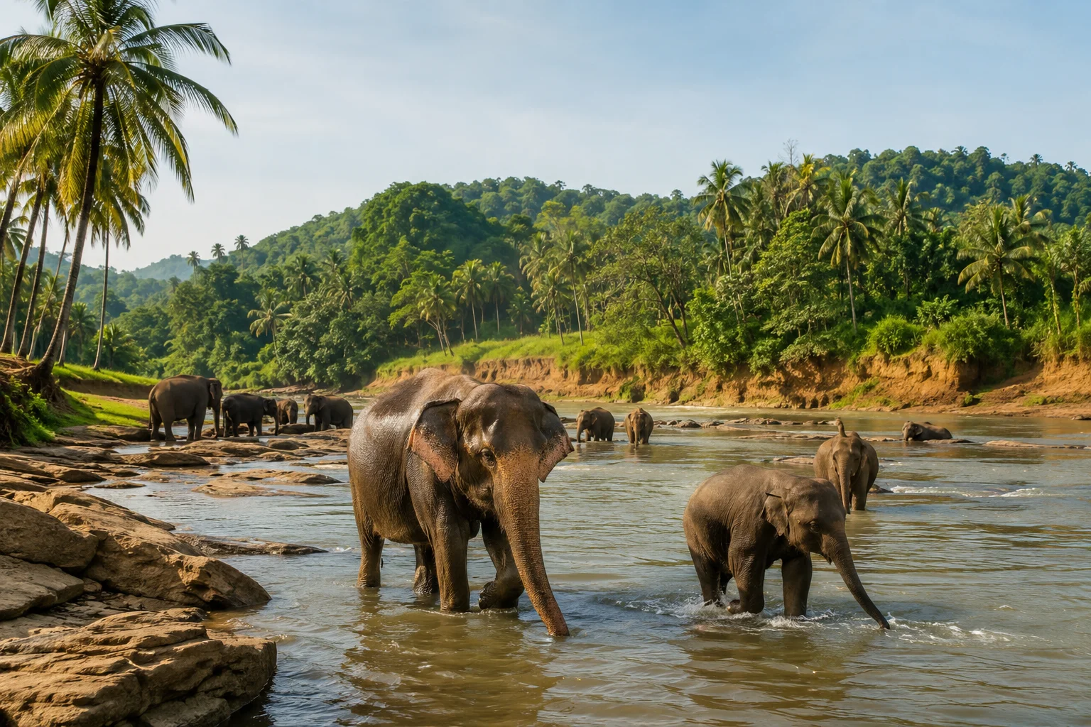 Asian elephants bathing in the Maha Oya River at Pinnawala