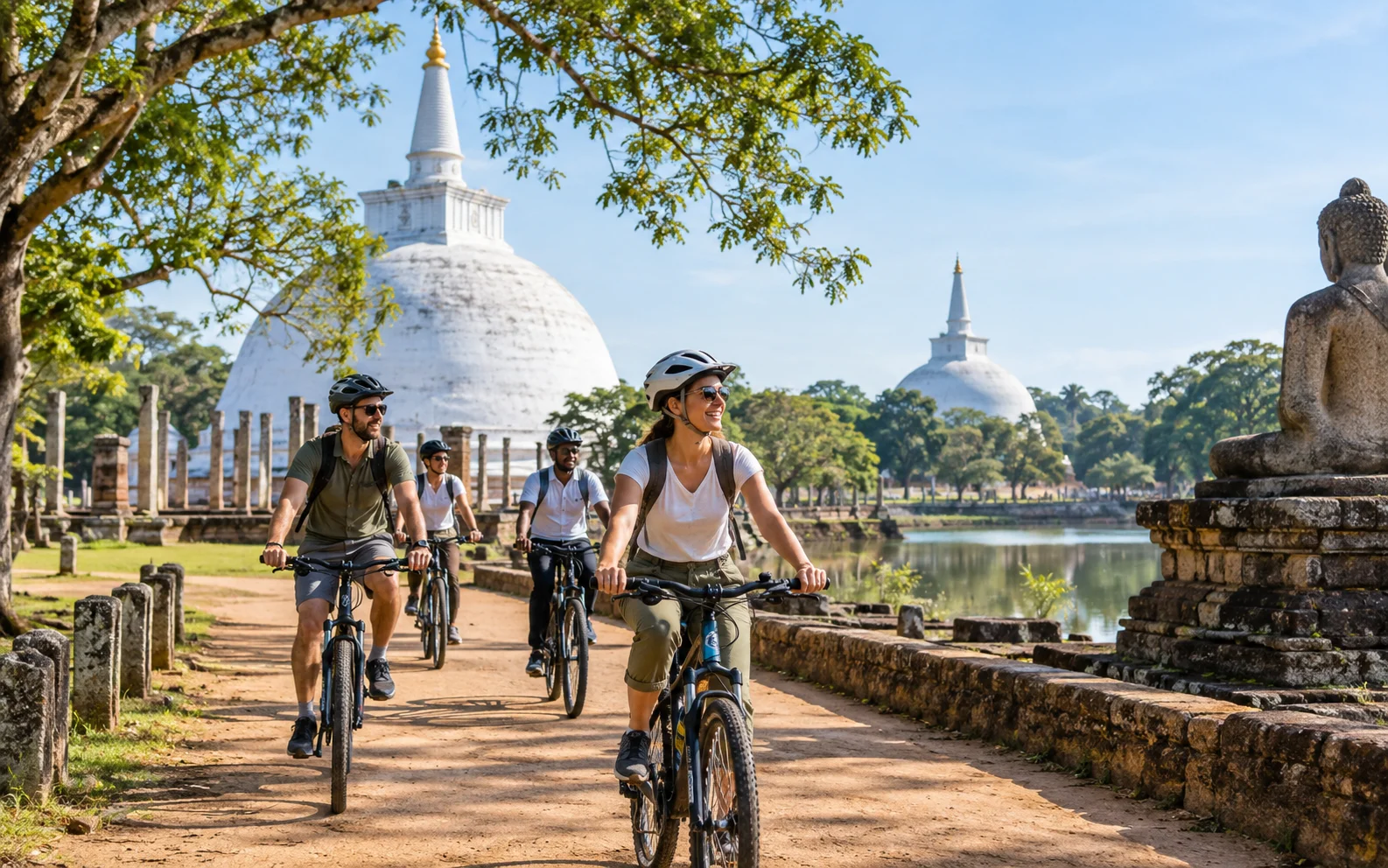 Travellers cycling past ancient Buddhist monuments in the Sacred City of Anuradhapura