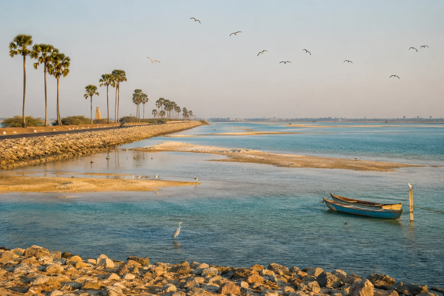 Palmyrah-lined causeway and shallow coastal waters of Mannar