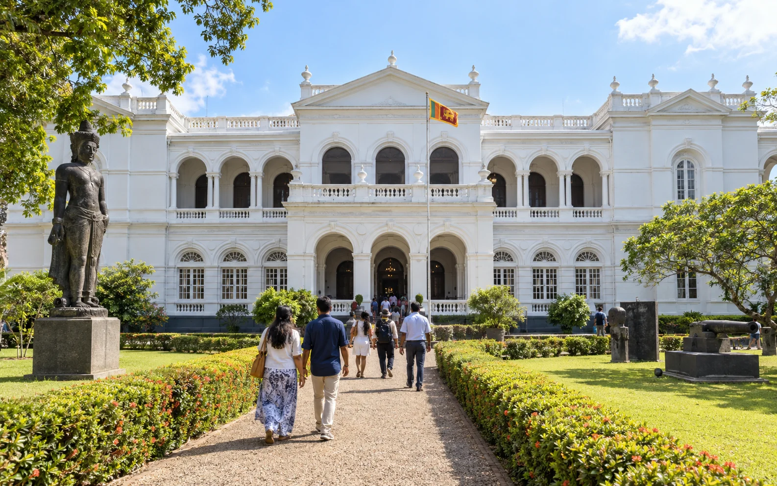 A visitor exploring Sri Lankan sculptures and cultural exhibits inside the Colombo National Museum
