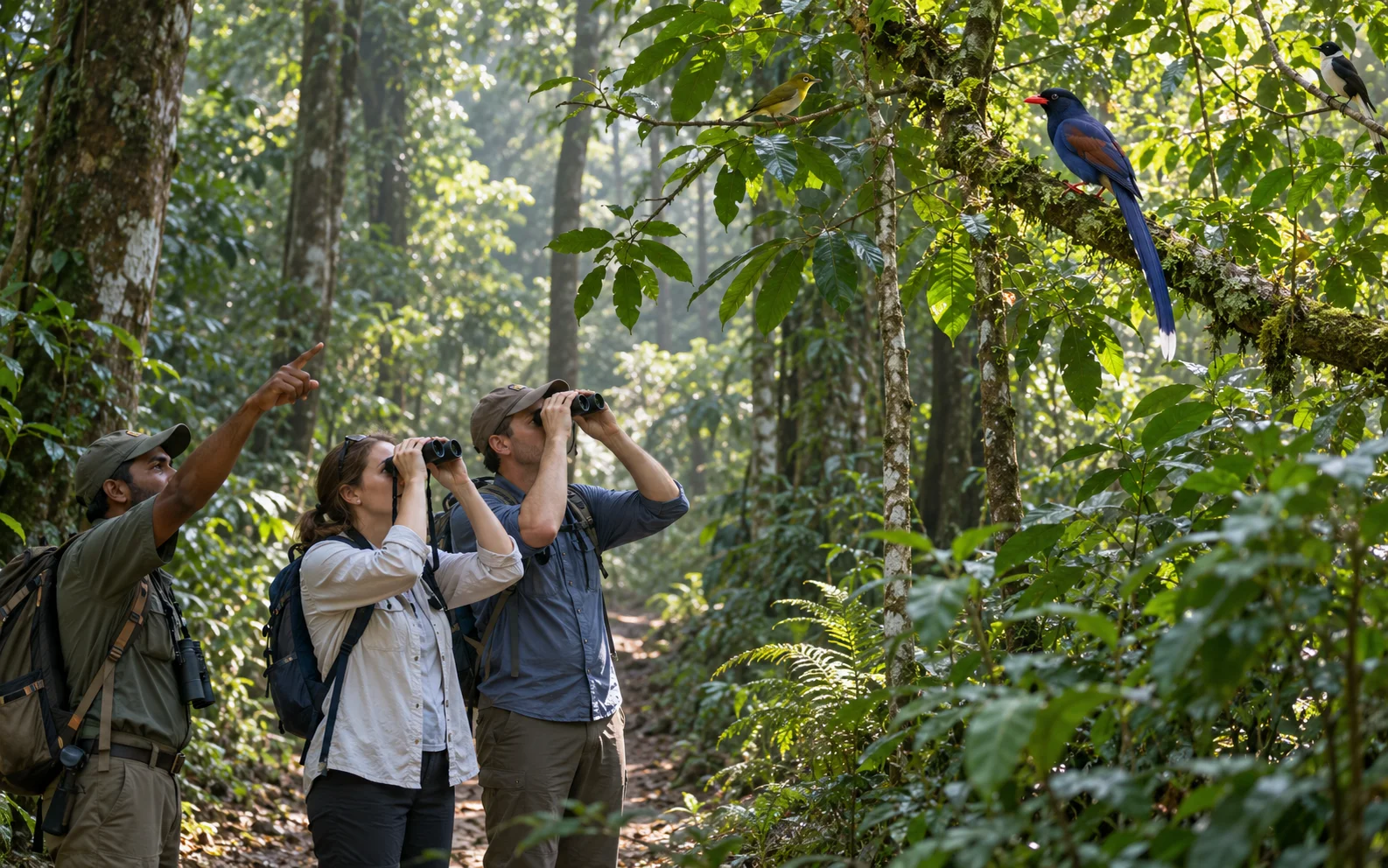Travellers using binoculars with a naturalist on an extended birdwatching trail through Sri Lankan forest