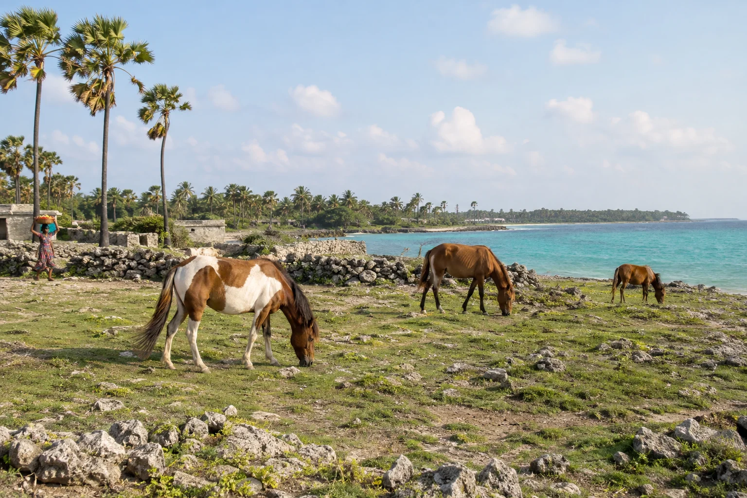 Wild ponies and coral-stone landscape on Delft Island