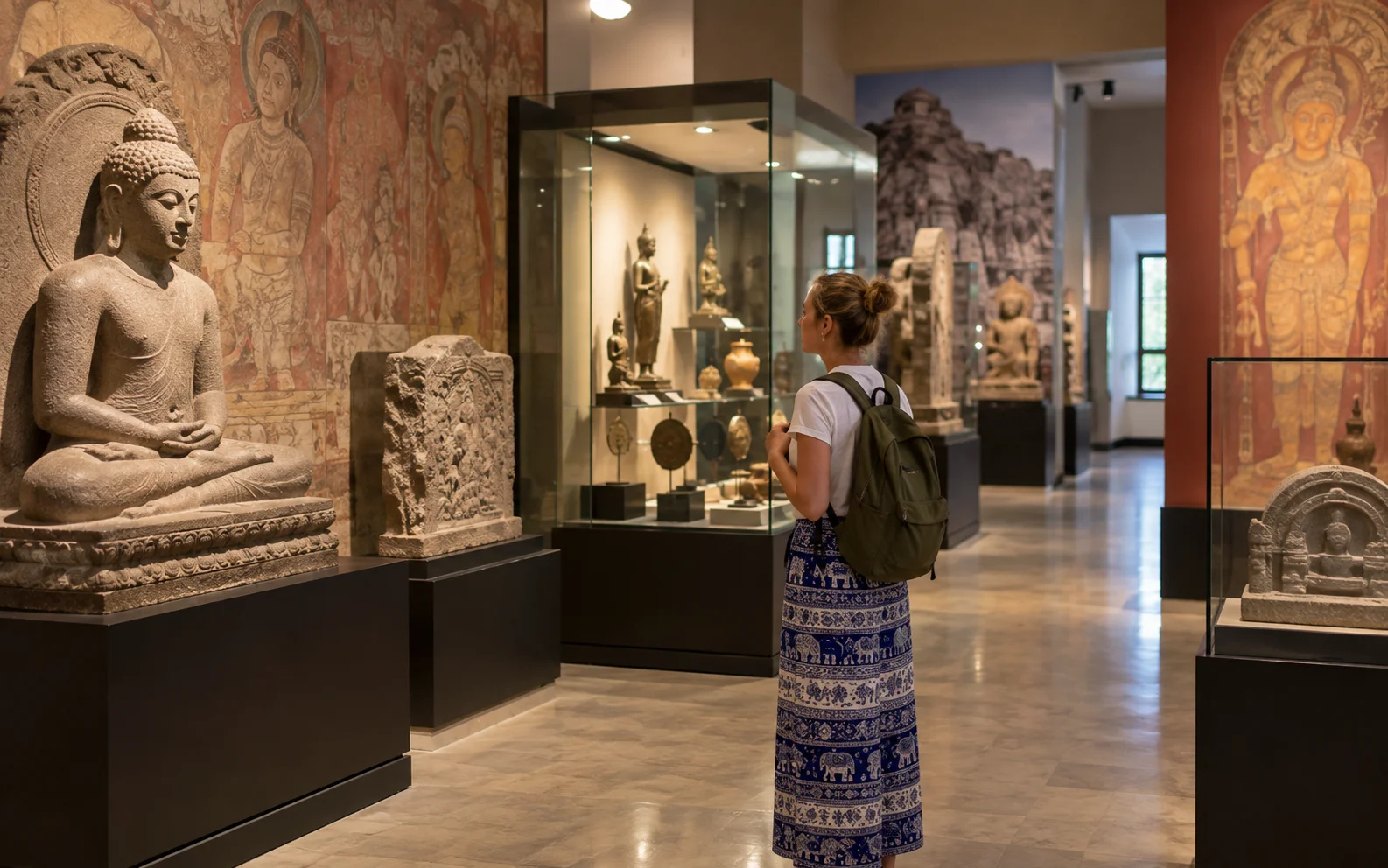 Visitor exploring Buddhist sculptures and heritage exhibits inside a museum in Dambulla