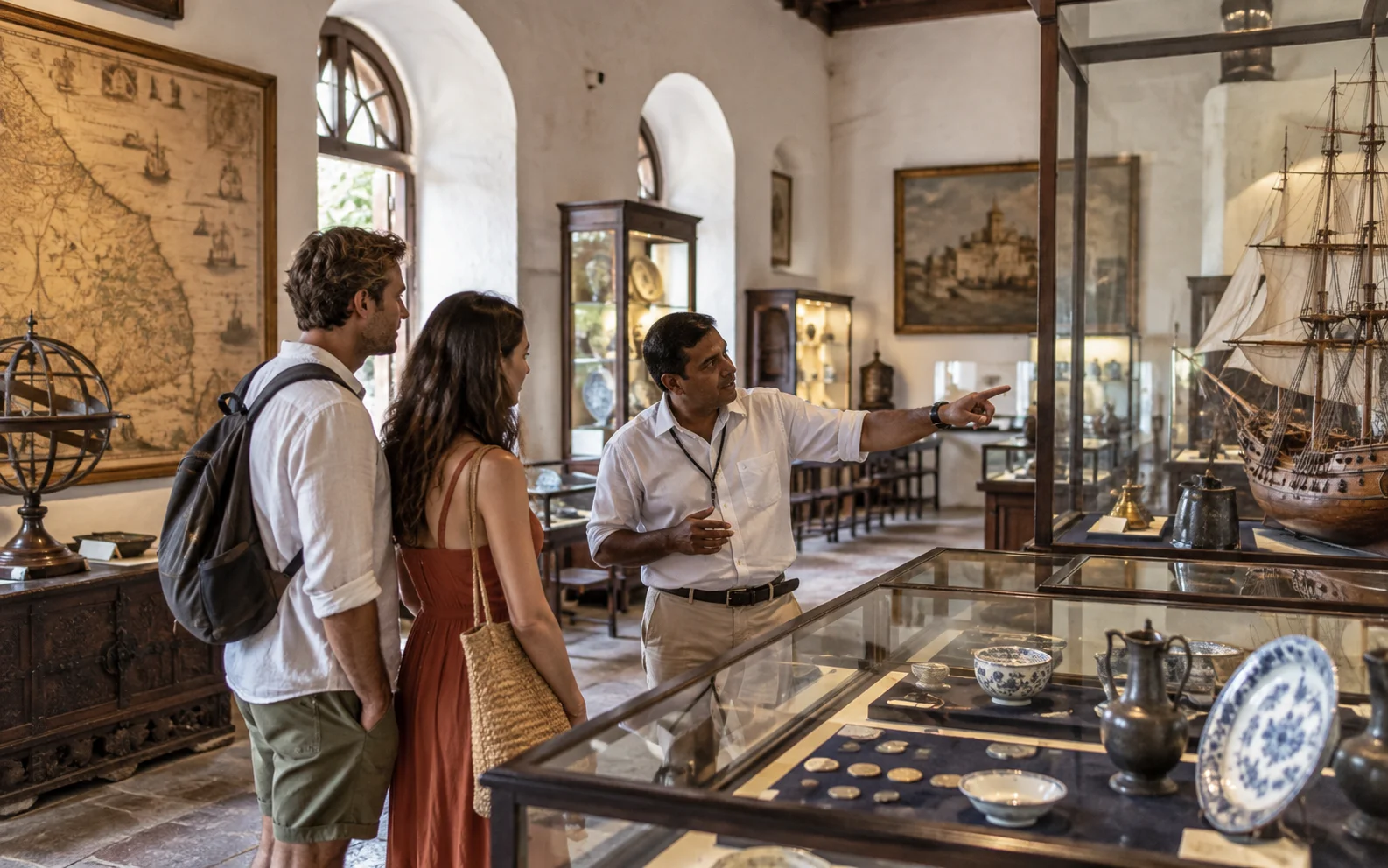 A local guide explaining colonial and maritime exhibits to visitors inside a Galle Fort museum