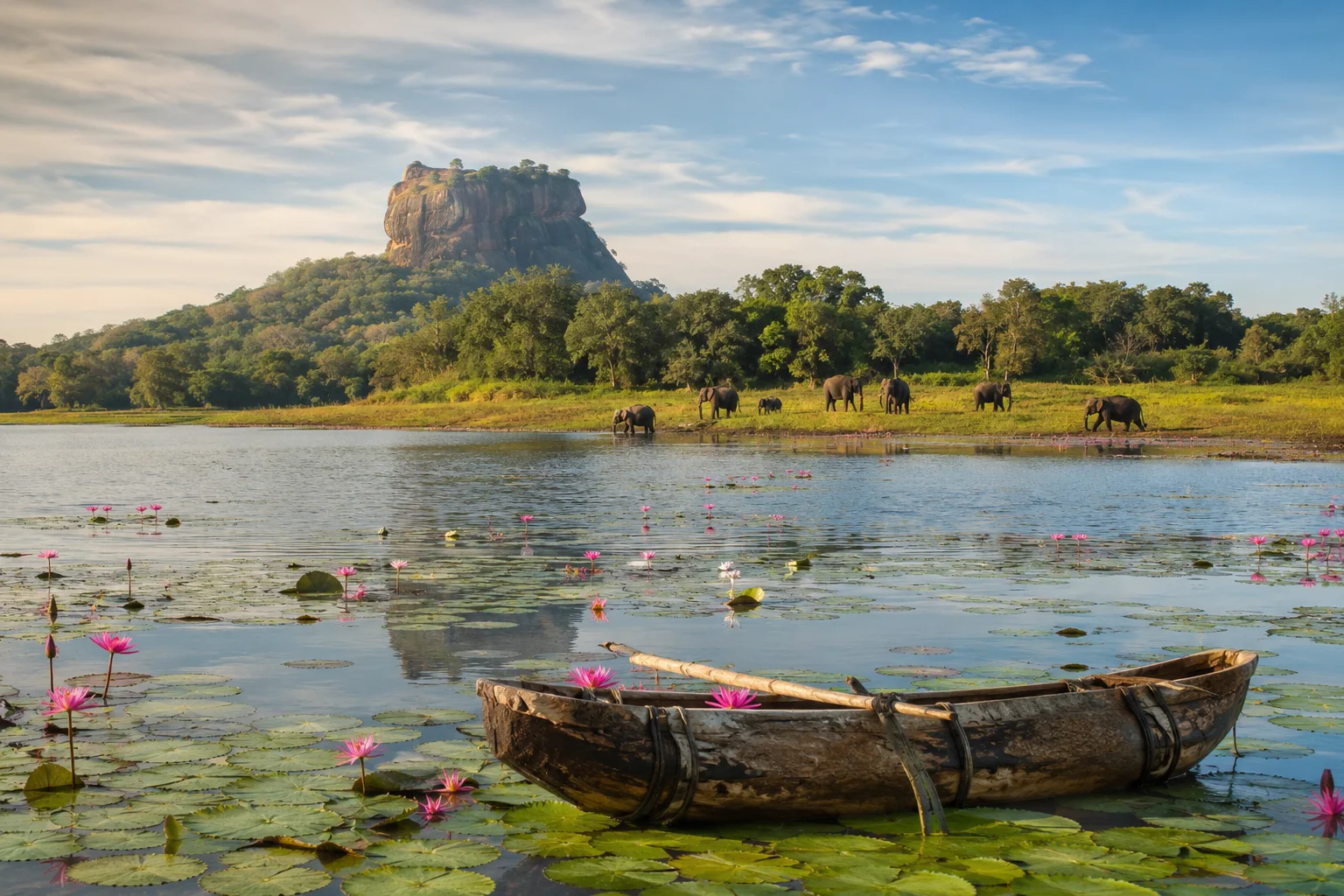 A Sri Lankan village family welcoming travellers beside a lake and green paddy fields in Habarana