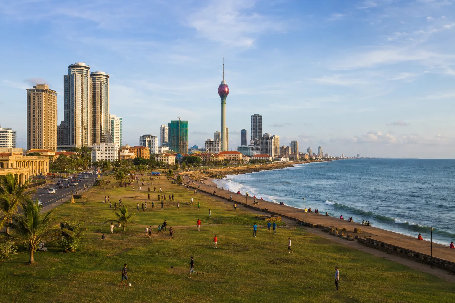 Colombo skyline and Lotus Tower beside the Galle Face coastline