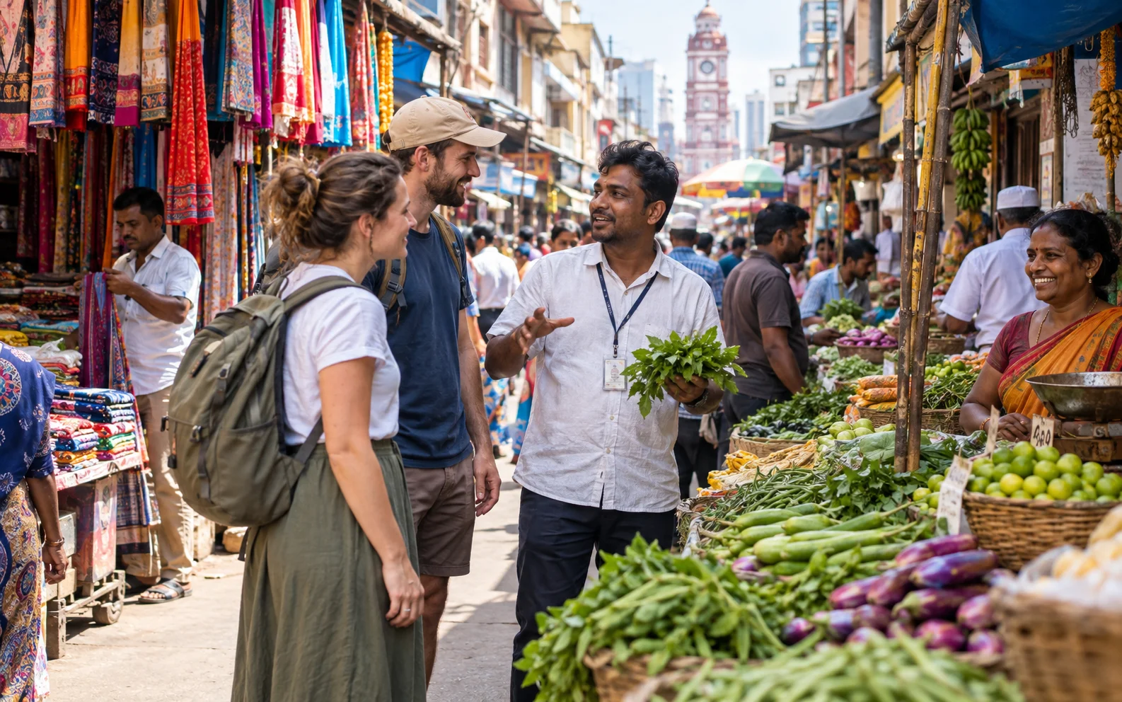 Colourful market stalls and shoppers during a Pettah Market walking tour in Colombo