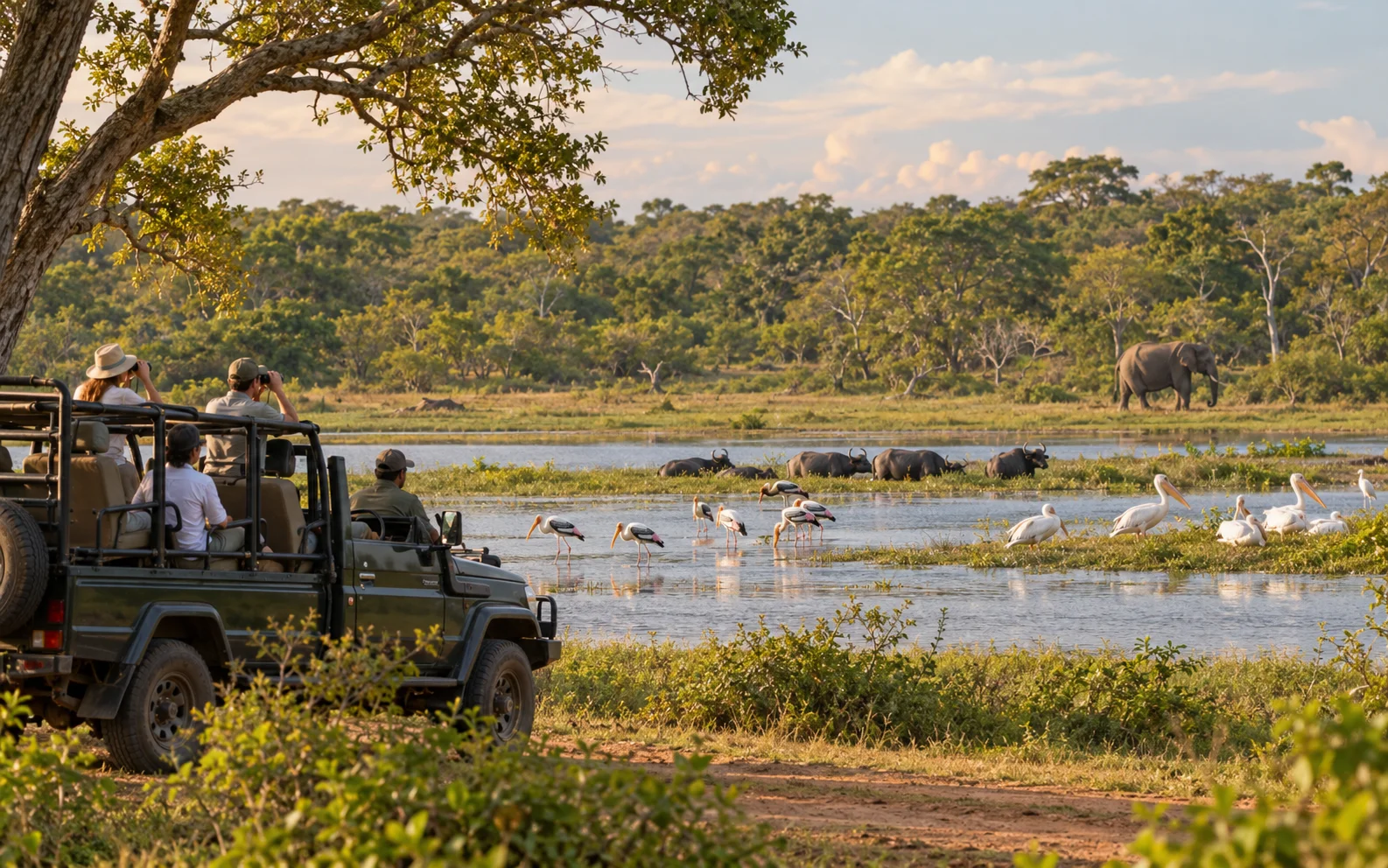 Travellers observing elephants, water buffalo and wetland birds during a responsible safari in Kumana