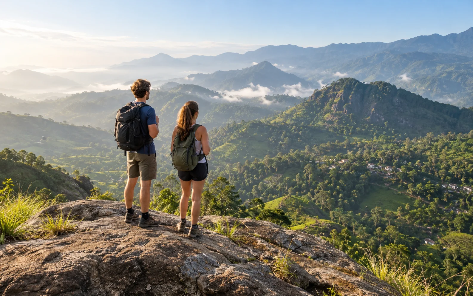 Travellers climbing Aradhana Gala viewpoint above the forested plains of Mihintale and Anuradhapura, Sri Lanka